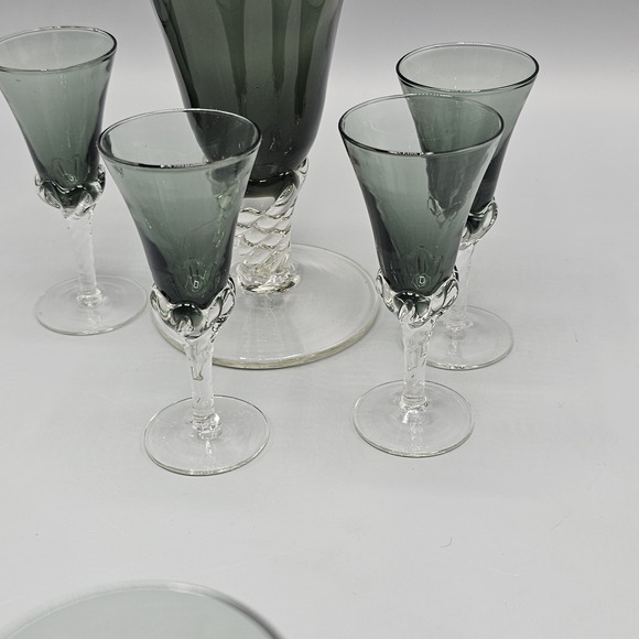 Vintage Empoli Italian Smoke Grey Decanter & Cordial Glasses Set 5 Twisted Foot - Picture 3 of 16